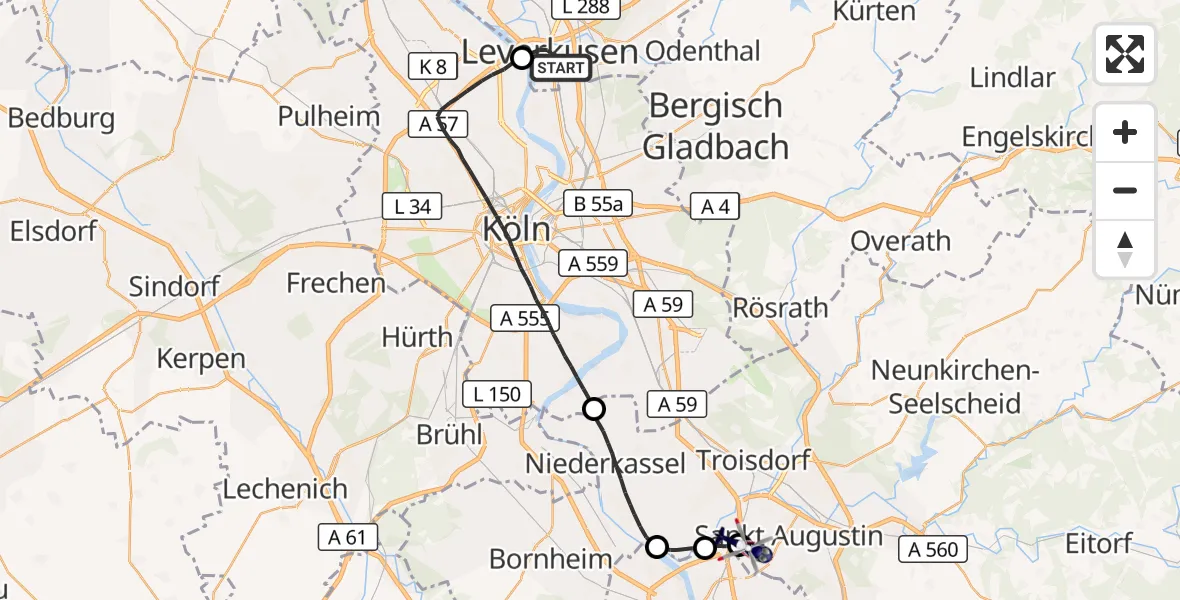 Flugroute Polizeihubschrauber Leverkusen - Sankt Augustin, 21 Oktober 2026, 15:36