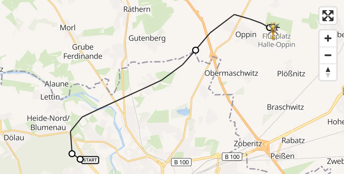 Flugroute Rettungshubschrauber Halle (Saale) University Hospital - Halle-Oppin Flugplatz, 21 Oktober 2026, 15:51
