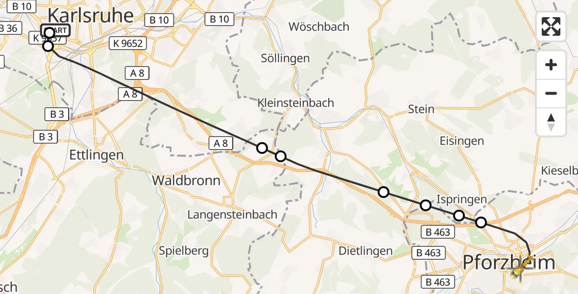 Flugroute Ambulanzhubschrauber Sankt Vincentius Hospital - Pforzheim, 21 Oktober 2026, 15:53