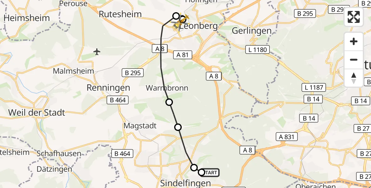 Flugroute Rettungshubschrauber Sindelfingen Hospital - Leonberg Hospital, 21 Oktober 2026, 16:12