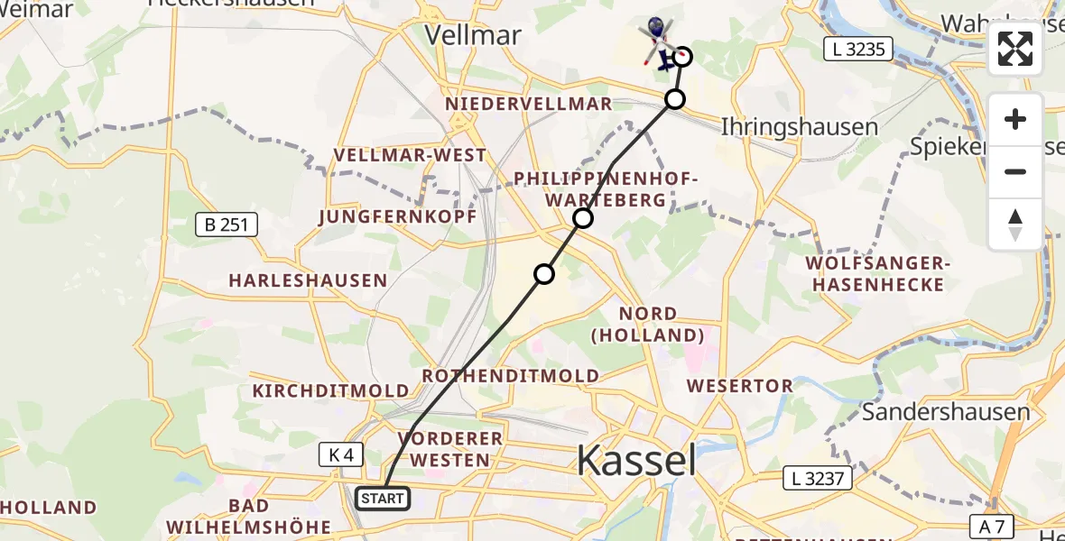 Flugroute Polizeihubschrauber Kassel - Fuldatal Bundespolizei Hubschrauberlandeplatz, 21 Oktober 2026, 16:13