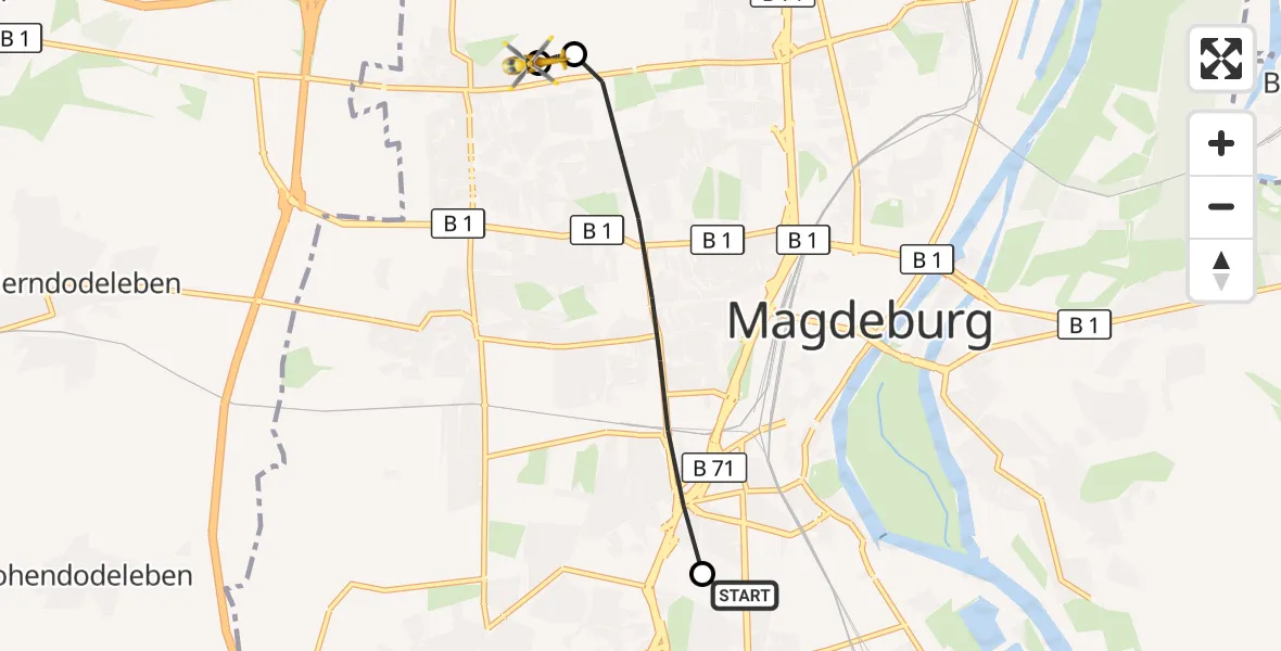 Flugroute Rettungshubschrauber Magdeburg University Hospital - Magdeburg Hospital, 21 Oktober 2026, 16:24