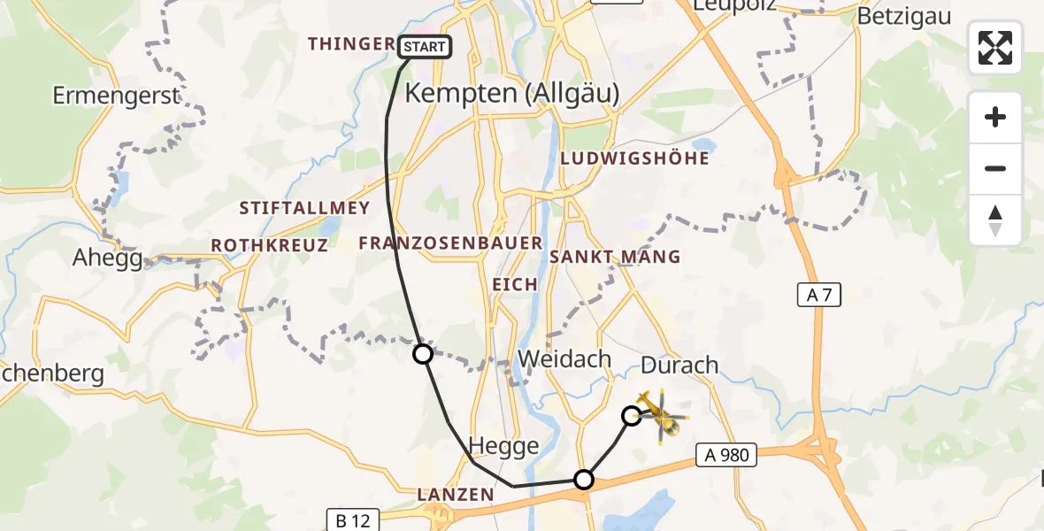 Flugroute Rettungshubschrauber Kempten (Allgäu) - Kempten-Durach Flugplatz, 21 Oktober 2026, 16:42