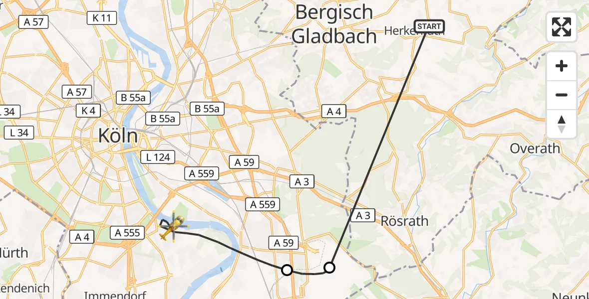 Flugroute Ambulanzhubschrauber Bergisch Gladbach - Köln, 21 Oktober 2026, 18:14
