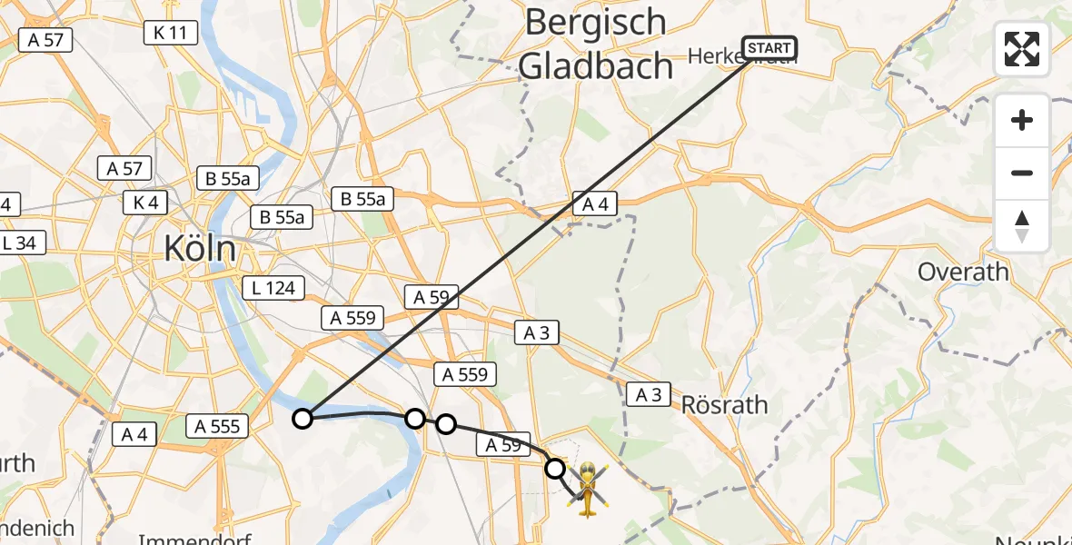 Flugroute Ambulanzhubschrauber Bergisch Gladbach - Köln Bonn Flughafen, 21 Oktober 2026, 19:05