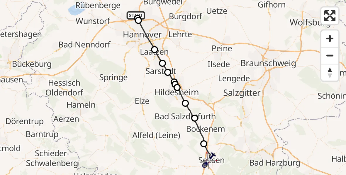Flugroute Polizeihubschrauber Flughafen Hannover - Seesen, 21 Oktober 2026, 21:10