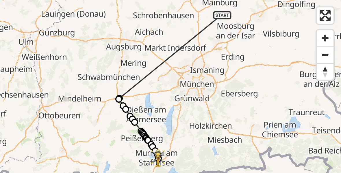 Flugroute Rettungshubschrauber Rudelzhausen - Murnau Accident Hospital, 21 Oktober 2026, 23:23