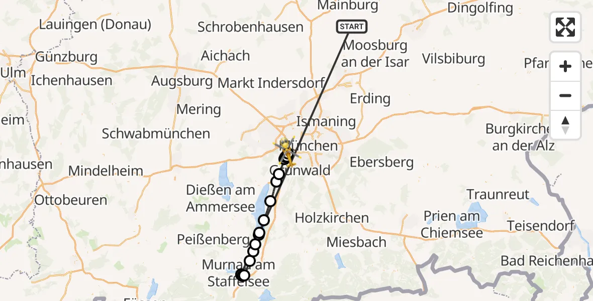 Flugroute Rettungshubschrauber Rudelzhausen - DRF Air Rescue München Hubschrauberlandeplatz, 22 Oktober 2026, 00:02