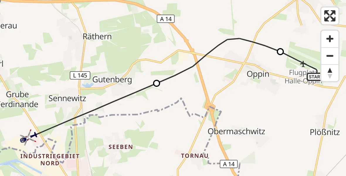 Flugroute Polizeihubschrauber Halle-Oppin Flugplatz - Petersberg, 22 Oktober 2026, 00:20