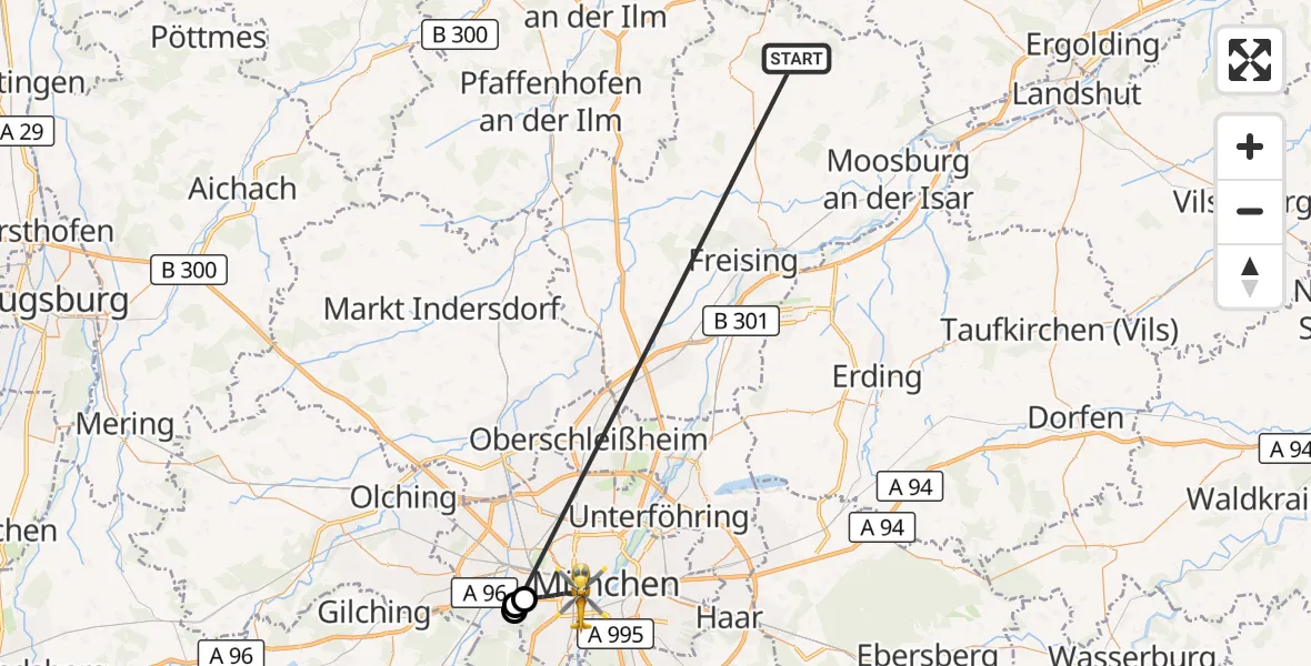 Flugroute Rettungshubschrauber Rudelzhausen - München, 22 Oktober 2026, 04:08