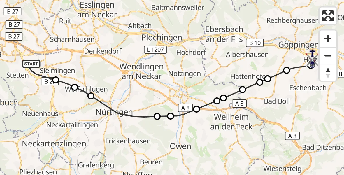 Flugroute Polizeihubschrauber Flughafen Stuttgart - Göppingen, 22 Oktober 2026, 04:54