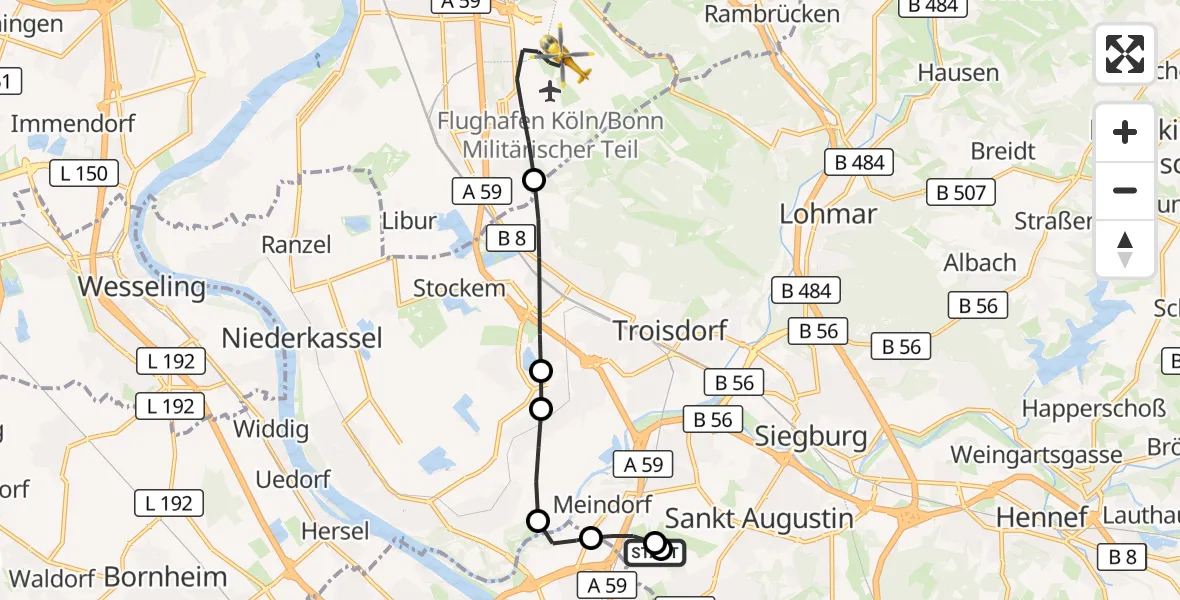 Flugroute Rettungshubschrauber Sankt Augustin - Köln Bonn Flughafen, 22 Oktober 2026, 05:04