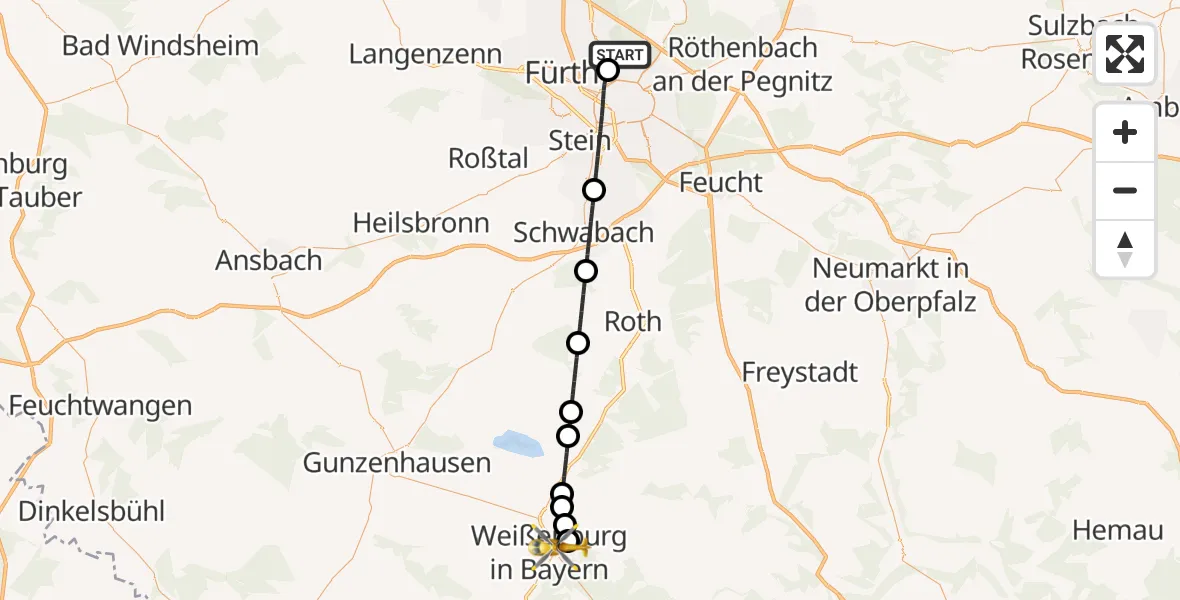 Flugroute Ambulanzhubschrauber Flughafen Nuremberg - Weißenburg i.Bay., 22 Oktober 2026, 05:29