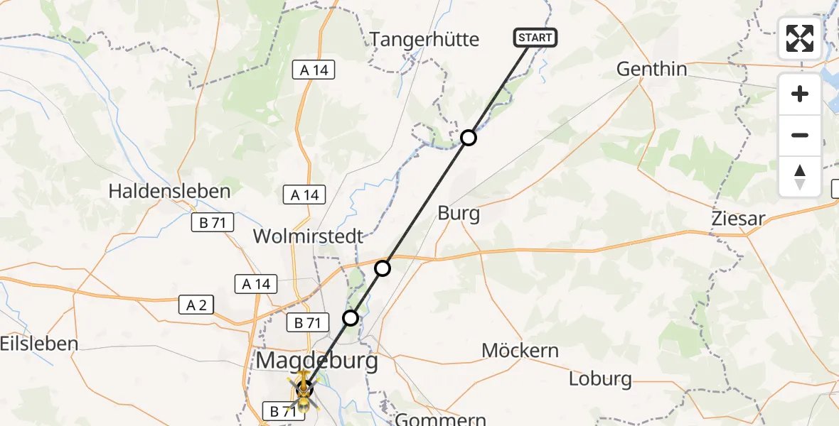 Flugroute Rettungshubschrauber Tangerhütte - Magdeburg University Hospital, 22 Oktober 2026, 05:30