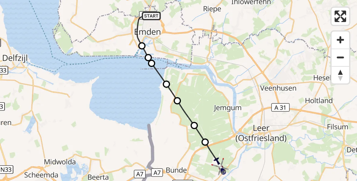 Flugroute Polizeihubschrauber Emden - Weener, 22 Oktober 2026, 05:45