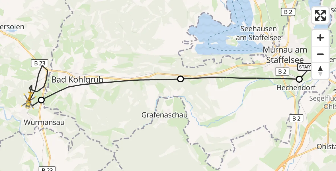 Flugroute Rettungshubschrauber Murnau Accident Hospital - Saulgrub, 22 Oktober 2026, 05:55