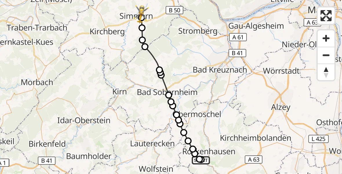 Flugroute Rettungshubschrauber Rockenhausen - Simmern/Hunsrück, 22 Oktober 2026, 05:58
