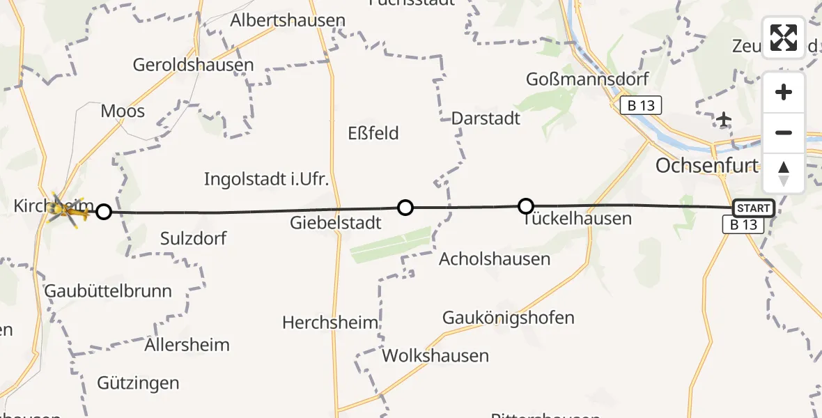 Flugroute Rettungshubschrauber Ochsenfurt - Kirchheim, 22 Oktober 2026, 06:13