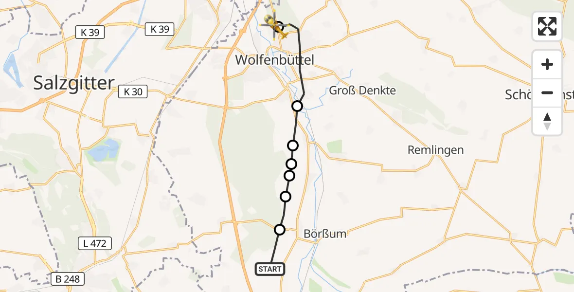 Flugroute Rettungshubschrauber Schladen-Werla - Wolfenbüttel Municipal Hospital Heliport (Christoph 30), 22 Oktober 2026, 06:13