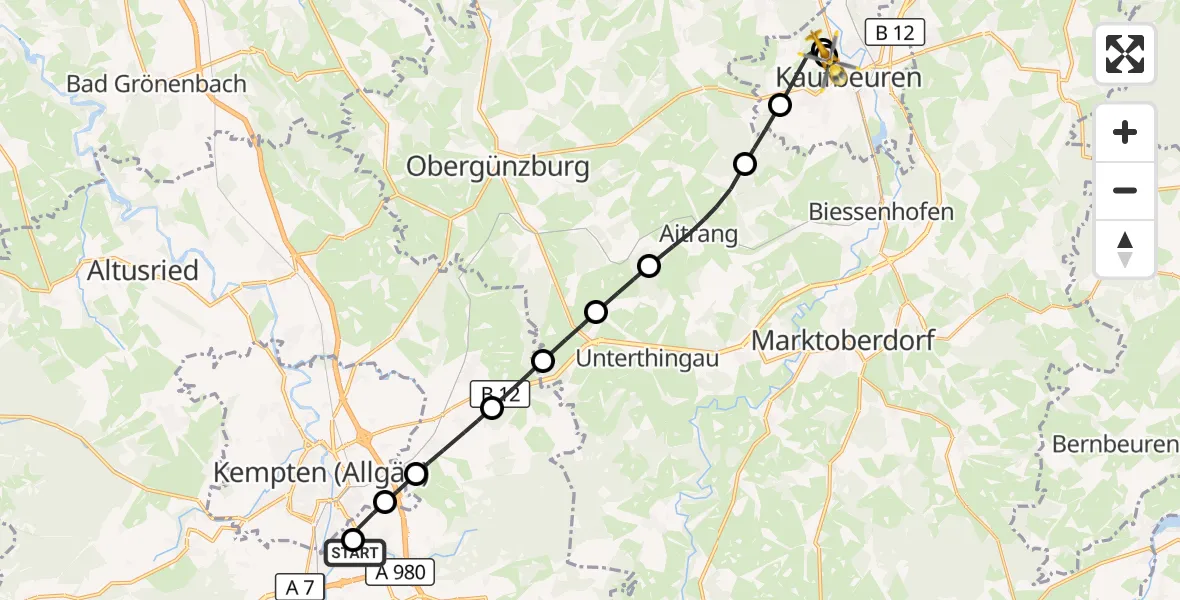 Flugroute Rettungshubschrauber Kempten-Durach Flugplatz - Ostallgäu-Kaufbeuren Hospital, 22 Oktober 2026, 06:24