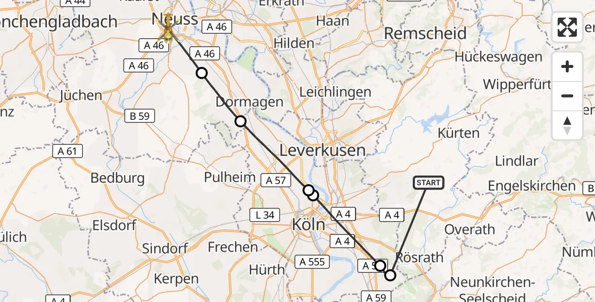 Flugroute Ambulanzhubschrauber Bergisch Gladbach - Neuss, 22 Oktober 2026, 06:24