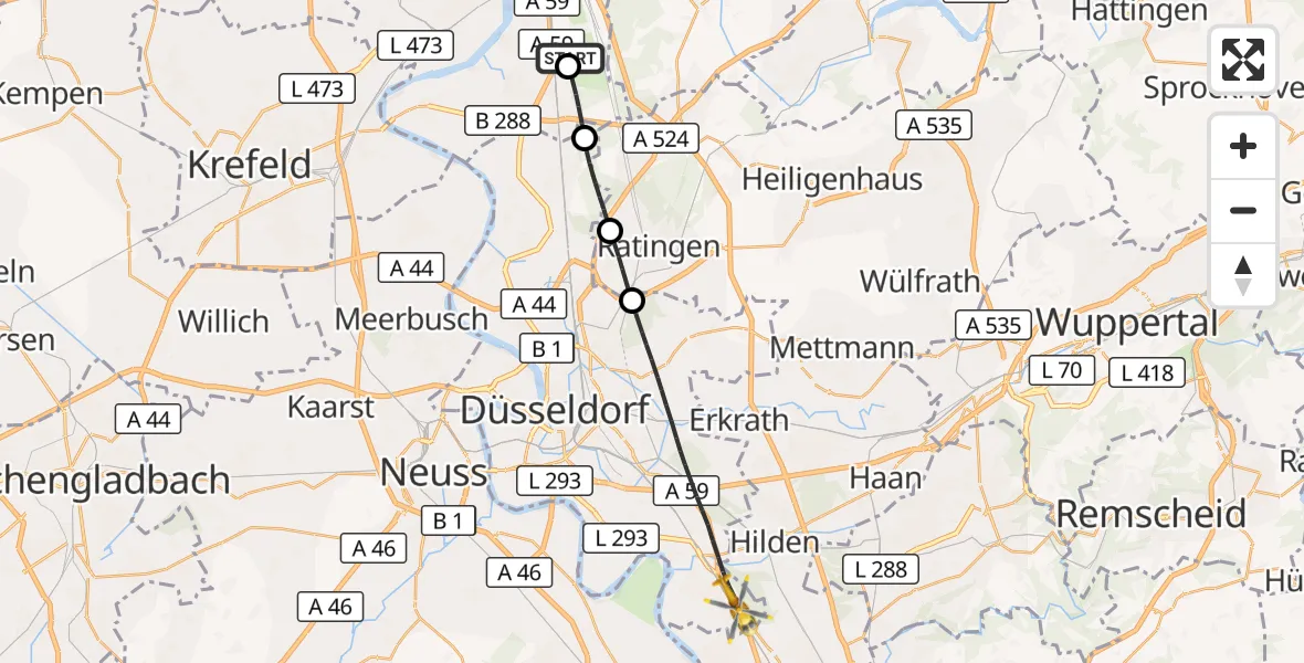 Flugroute Rettungshubschrauber Duisburg Air Rescue Hubschrauberlandeplatz (Christoph 9) - Düsseldorf, 22 Oktober 2026, 06:34