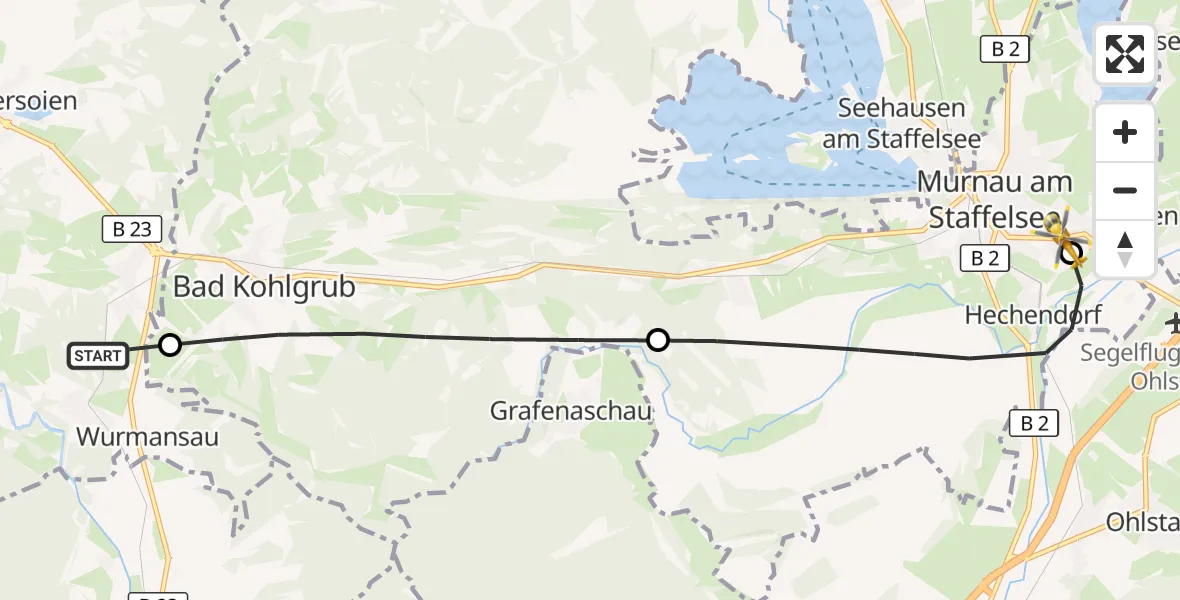 Flugroute Rettungshubschrauber Saulgrub - Murnau Accident Hospital, 22 Oktober 2026, 06:36