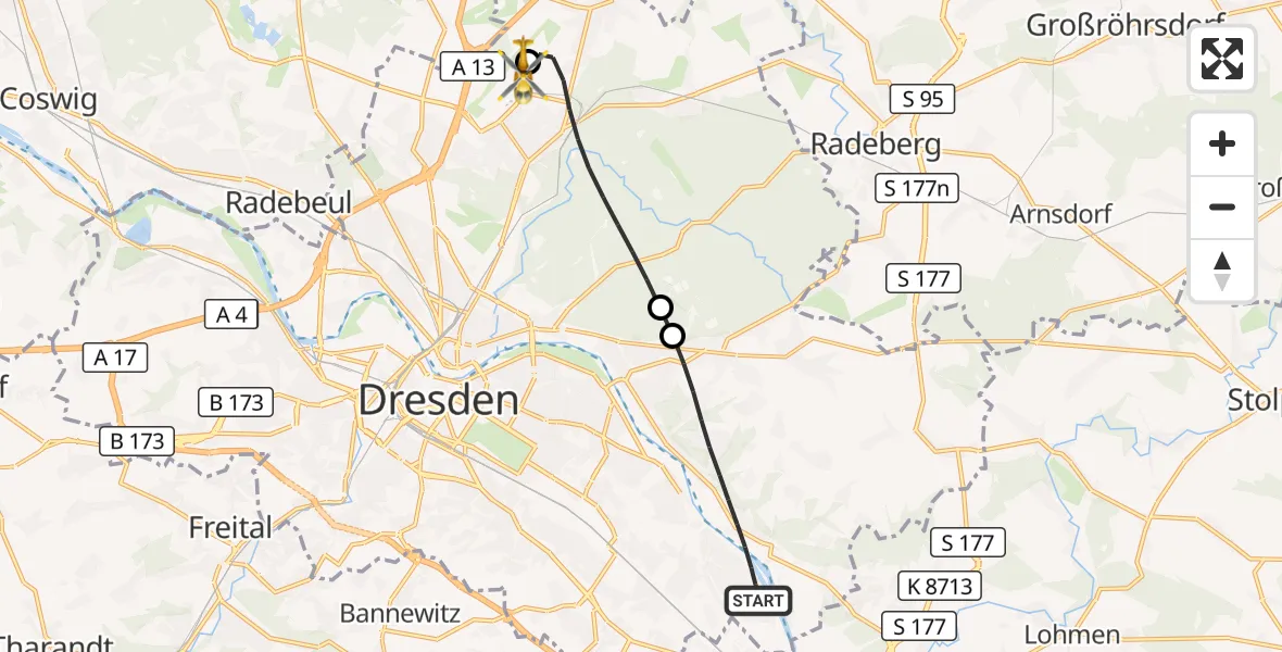 Flugroute Rettungshubschrauber Dresden - Dresden Bundespolizei Hubschrauberlandeplatz, 22 Oktober 2026, 06:43