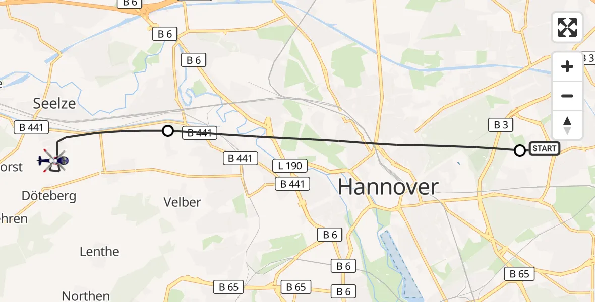 Flugroute Polizeihubschrauber Hannover Luftrettung Hubschrauberlandeplatz (Christoph 4) - Seelze, 22 Oktober 2026, 06:50