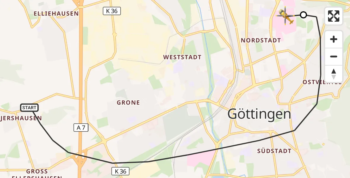 Flugroute Rettungshubschrauber Göttingen - Göttingen University Clinic Hubschrauberlandeplatz, 22 Oktober 2026, 06:58