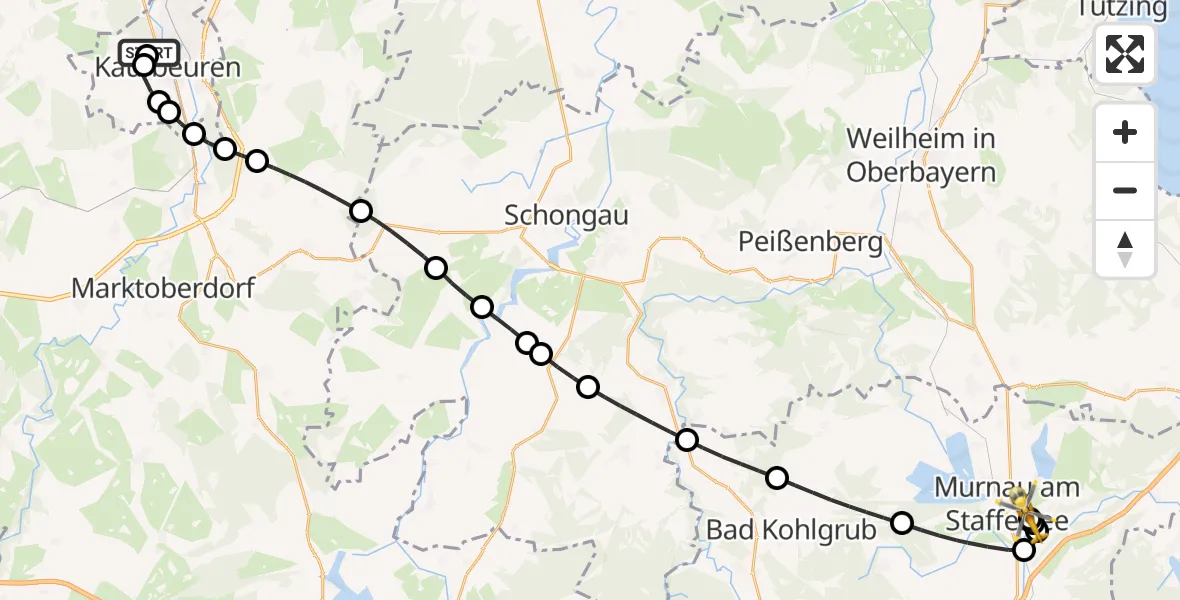Flugroute Rettungshubschrauber Ostallgäu-Kaufbeuren Hospital - Murnau Accident Hospital, 22 Oktober 2026, 07:06