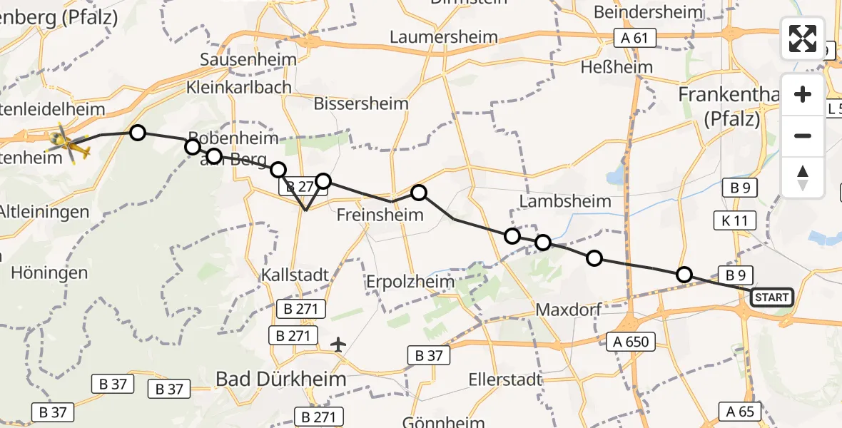 Flugroute Rettungshubschrauber Ludwigshafen am Rhein - Wattenheim, 22 Oktober 2026, 07:13