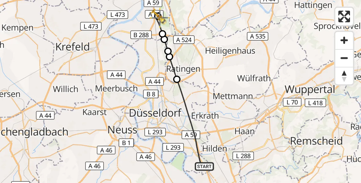 Flugroute Rettungshubschrauber Düsseldorf - Duisburg Air Rescue Hubschrauberlandeplatz (Christoph 9), 22 Oktober 2026, 07:28