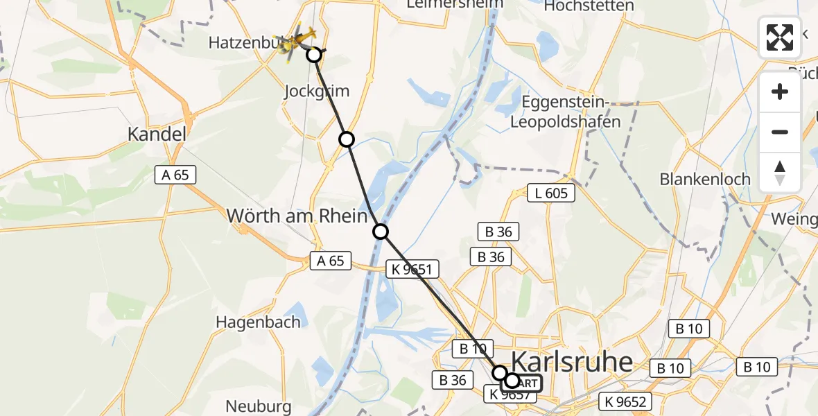 Flugroute Ambulanzhubschrauber Sankt Vincentius Hospital - Rheinzabern, 22 Oktober 2026, 07:30
