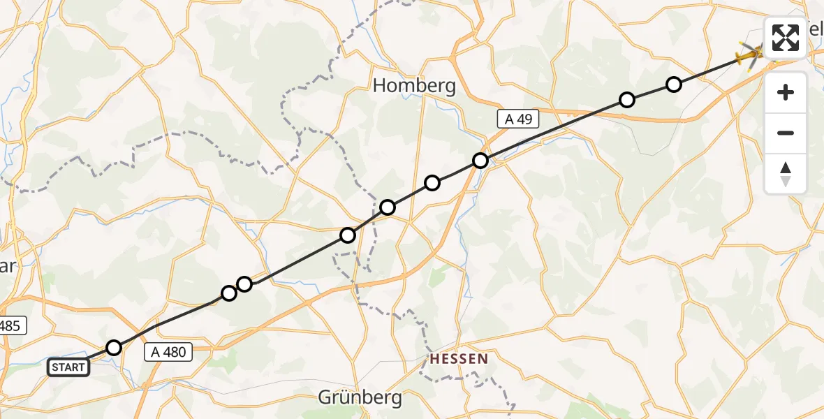 Flugroute Ambulanzhubschrauber Gießen - Alsfeld, 22 Oktober 2026, 07:33