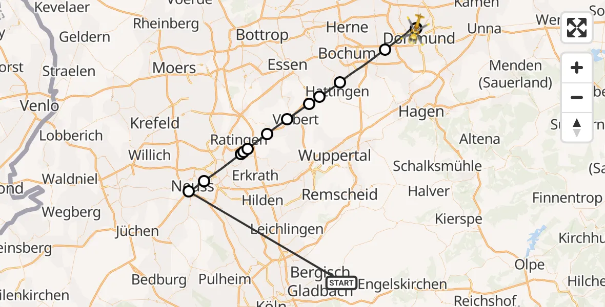 Flugroute Ambulanzhubschrauber Bergisch Gladbach - Dortmund Hospital North, 22 Oktober 2026, 07:35