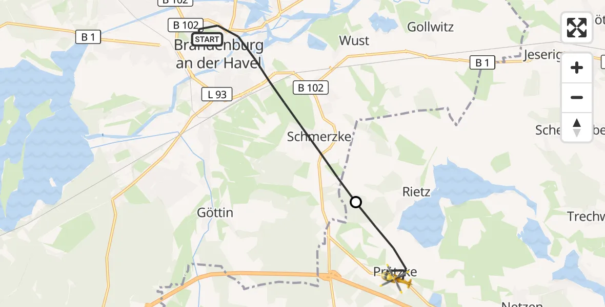 Flugroute Rettungshubschrauber Brandenburg an der Havel - Kloster Lehnin, 22 Oktober 2026, 07:41