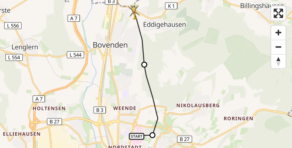 Flugroute Rettungshubschrauber Göttingen University Clinic Hubschrauberlandeplatz - Bovenden, 22 Oktober 2026, 07:45