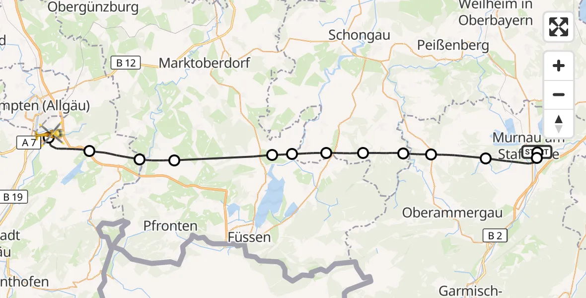 Flugroute Rettungshubschrauber Murnau Accident Hospital - Kempten-Durach Flugplatz, 22 Oktober 2026, 07:50