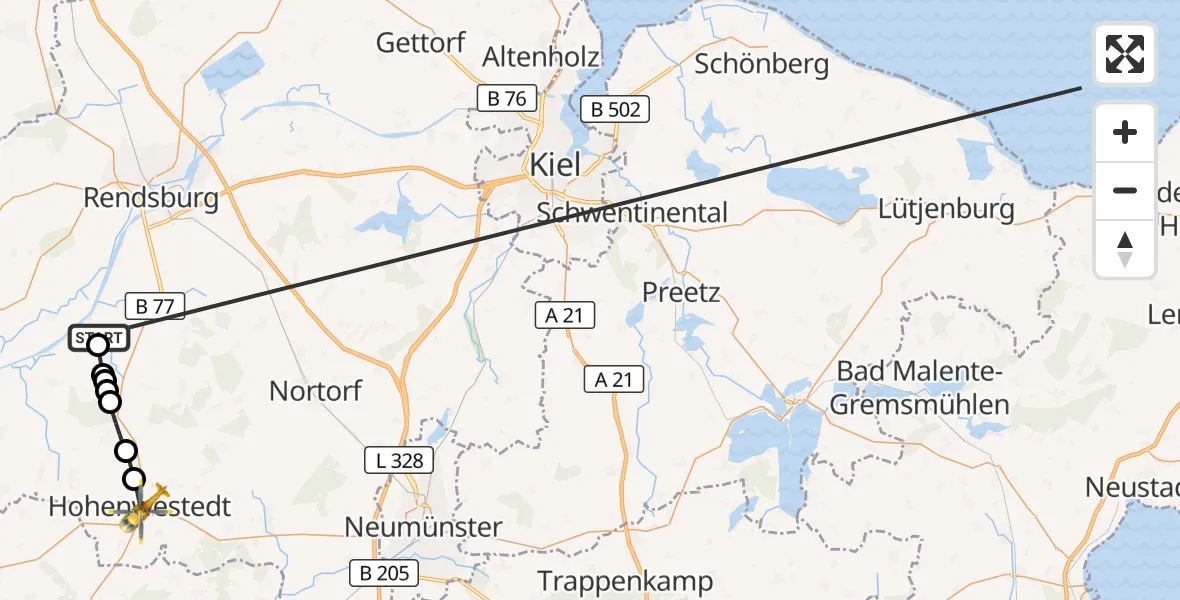 Flugroute Ambulanzhubschrauber Hörsten - Hohenwestedt, 22 Oktober 2026, 07:59