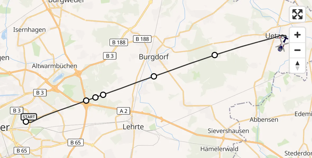Flugroute Polizeihubschrauber Hannover Luftrettung Hubschrauberlandeplatz (Christoph 4) - Uetze, 22 Oktober 2026, 08:00