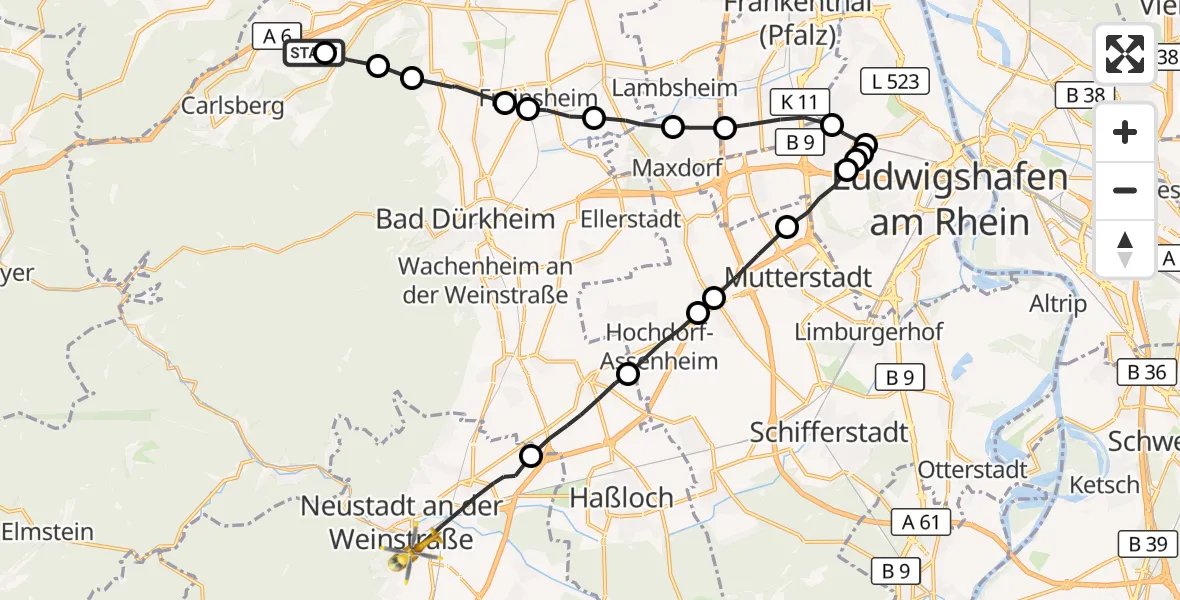 Flugroute Rettungshubschrauber Wattenheim - Neustadt an der Weinstraße, 22 Oktober 2026, 08:06