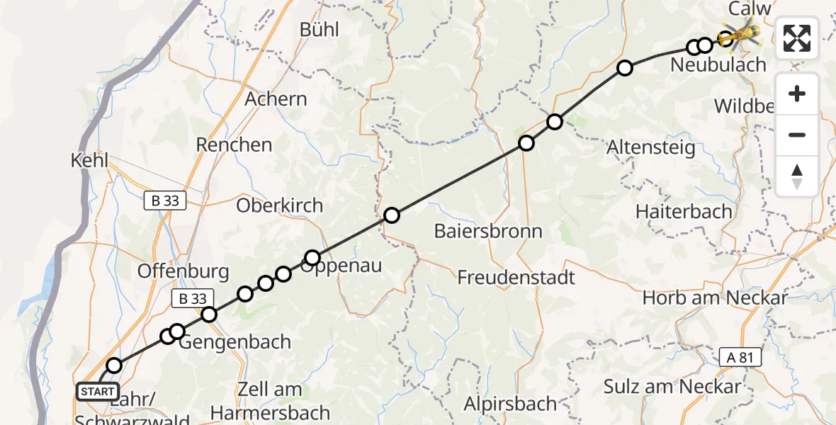 Flugroute Rettungshubschrauber Lahr Flughafen - Bad Teinach-Zavelstein, 22 Oktober 2026, 08:11