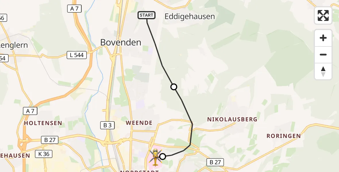 Flugroute Rettungshubschrauber Bovenden - Göttingen University Clinic Hubschrauberlandeplatz, 22 Oktober 2026, 08:18