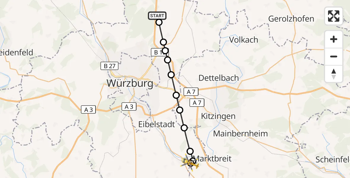 Flugroute Rettungshubschrauber Hausen b.Würzburg - Ochsenfurt Hospital, 22 Oktober 2026, 08:32