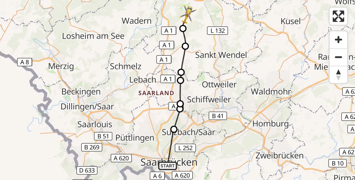 Flugroute Rettungshubschrauber Saarbrücken - Nohfelden, 22 Oktober 2026, 08:38