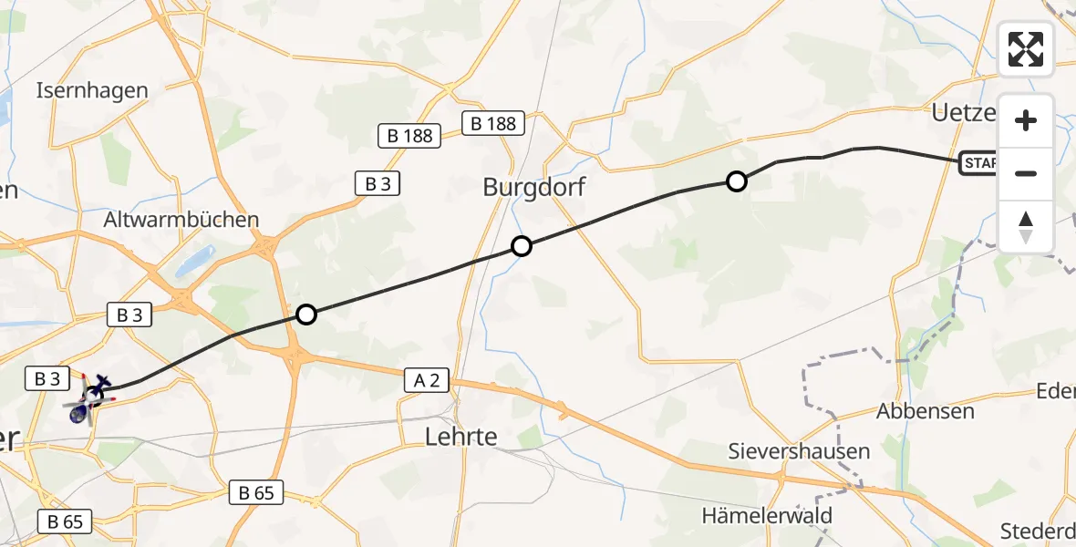 Flugroute Polizeihubschrauber Uetze - Hannover Luftrettung Hubschrauberlandeplatz (Christoph 4), 22 Oktober 2026, 08:38