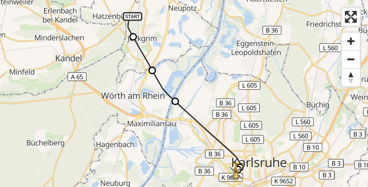 Flugroute Ambulanzhubschrauber Rheinzabern - Sankt Vincentius Hospital, 22 Oktober 2026, 08:39