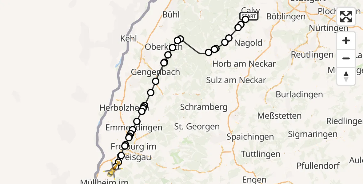 Flugroute Rettungshubschrauber Bad Teinach-Zavelstein - Bad Krozingen, 22 Oktober 2026, 08:53