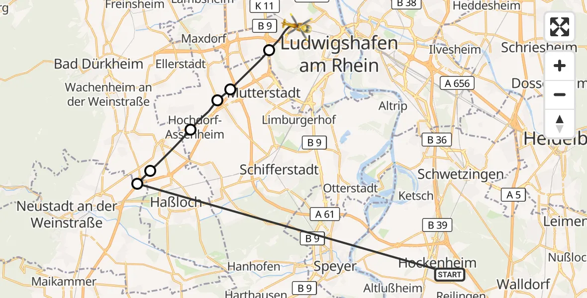 Flugroute Rettungshubschrauber Hockenheim - Ludwigshafen Accident Hospital Hubschrauberlandeplatz, 22 Oktober 2026, 08:59